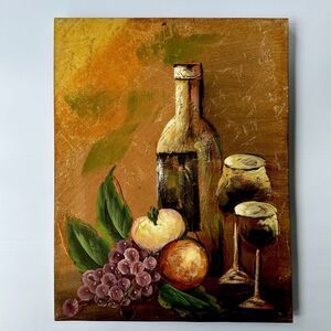 Original Acrylic Still Life Painting Wine Bottle Fruit Grapes Canvas 13.75x16